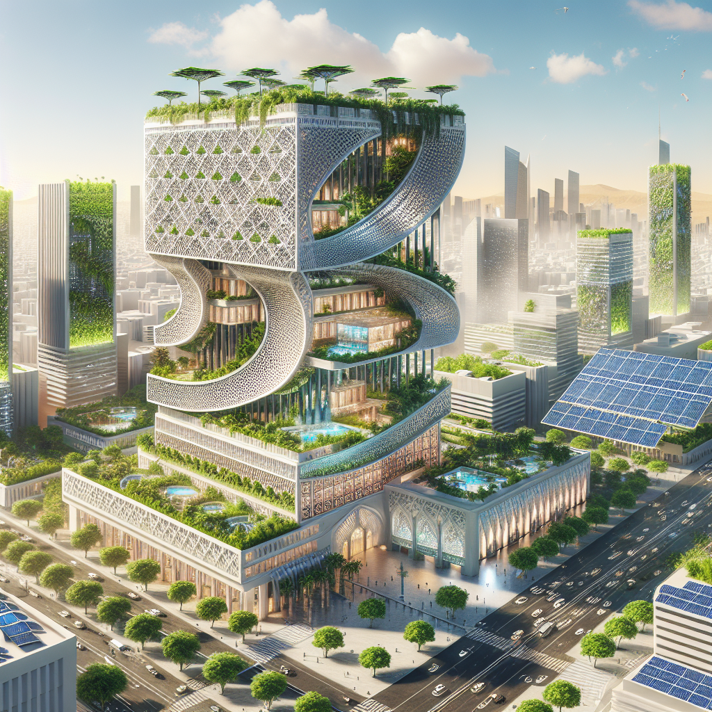 "Futuristic sustainable city with heat-resistant building inspired by Middle Eastern mashrabiya, solar panels, vertical gardens, and smart tech."