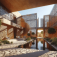 "Hyperrealistic desert courtyard with laser-cut corten steel screens casting geometric shadows, blending Middle Eastern design with modern aesthetics."
