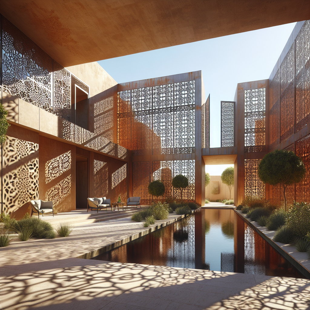 "Hyperrealistic desert courtyard with laser-cut corten steel screens casting geometric shadows, blending Middle Eastern design with modern aesthetics."