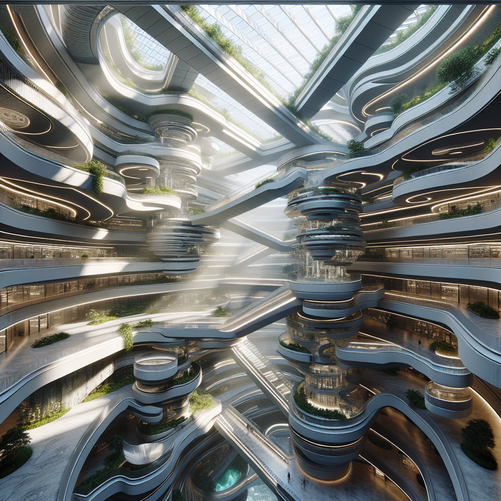 "Futuristic multi-level atrium with floating walkways, biophilic design, cascading natural light, and sustainable architecture for immersive spaces."