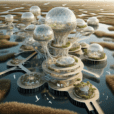 Hyperrealistic rendering of a futuristic marshland conservatory with floating foundations, biophilic design, ETFE domes, and sustainable materials.