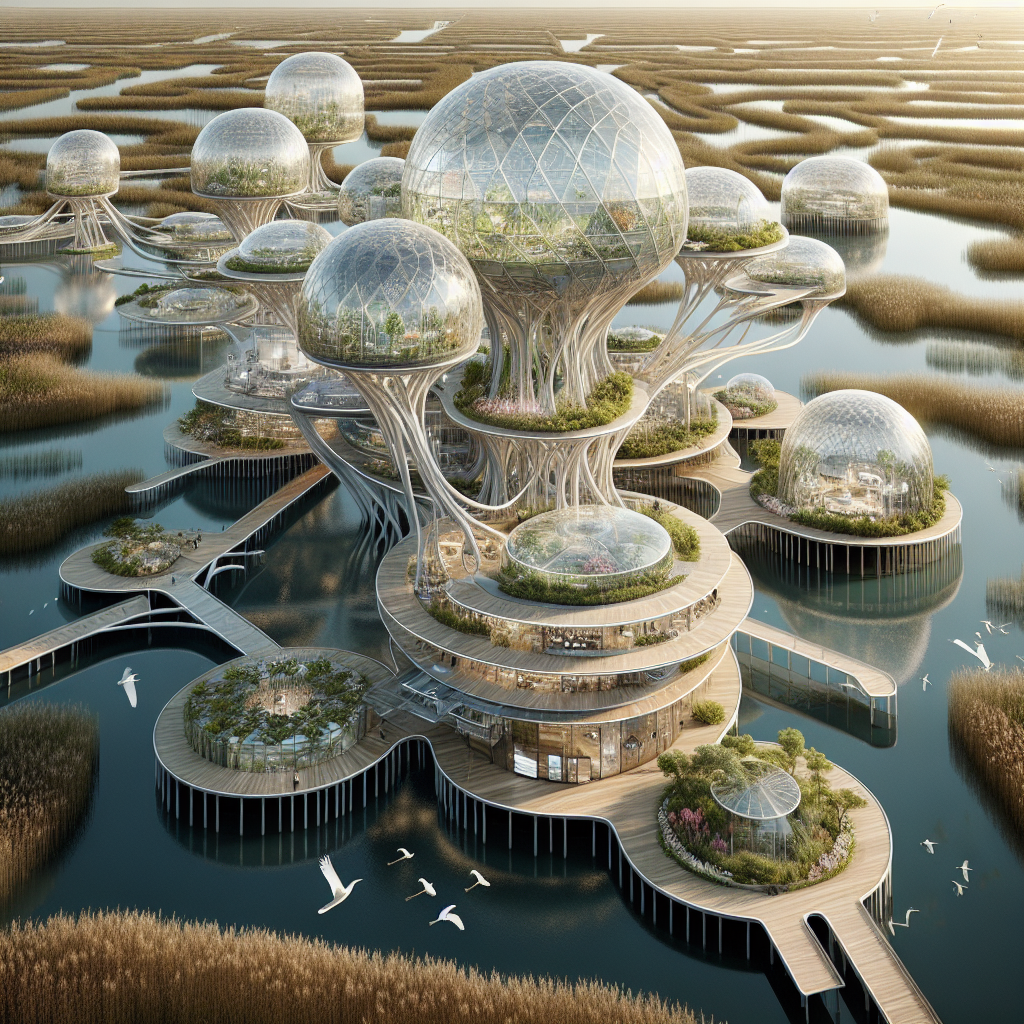 Hyperrealistic rendering of a futuristic marshland conservatory with floating foundations, biophilic design, ETFE domes, and sustainable materials.