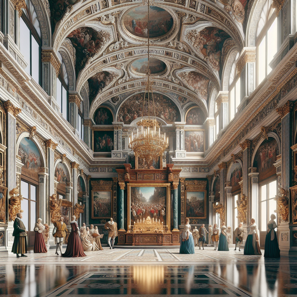 "Hyperrealistic Renaissance-style art gallery with frescoed ceilings, gilded moldings, marble floors, and masterpiece paintings in gold frames."