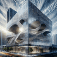 Hyperrealistic rendering of a futuristic building facade with moiré patterns, layered perforated metal screens, and dynamic light and shadow effects.