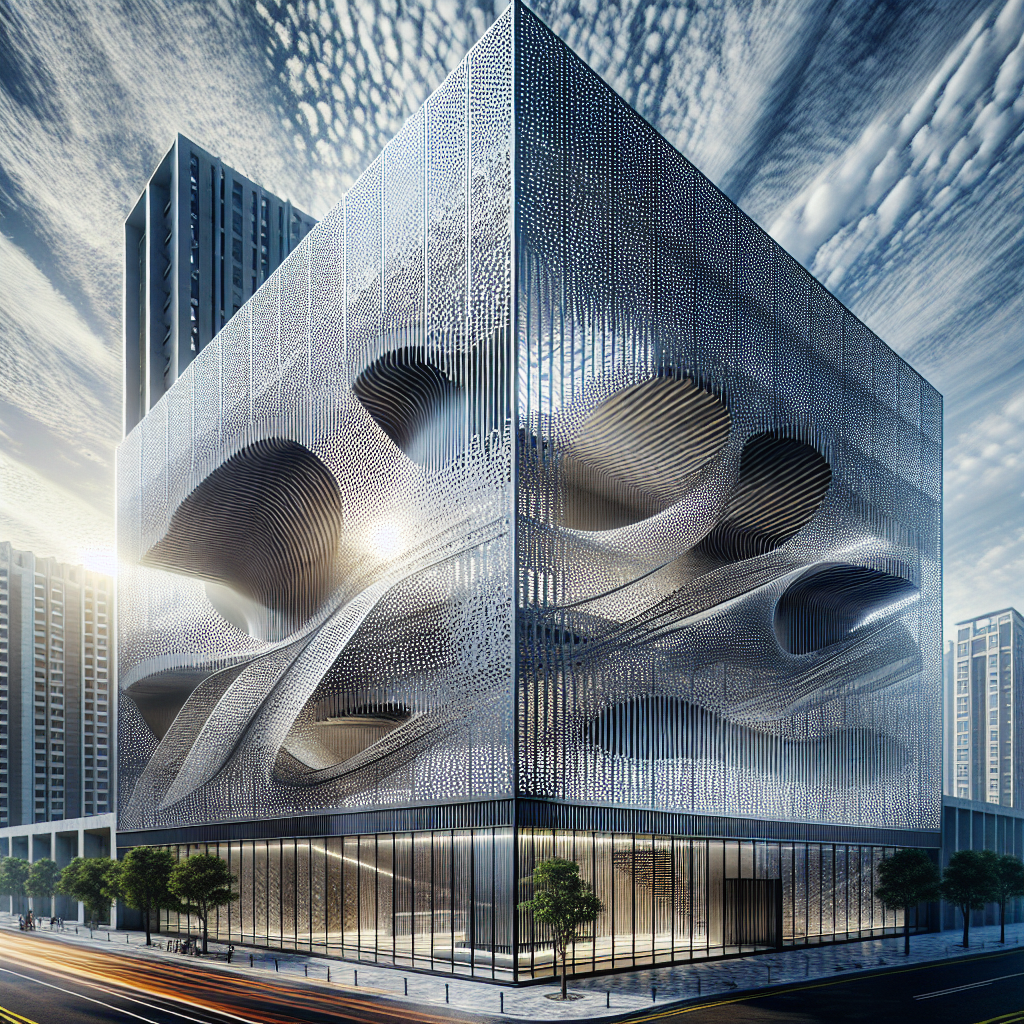 Hyperrealistic rendering of a futuristic building facade with moiré patterns, layered perforated metal screens, and dynamic light and shadow effects.