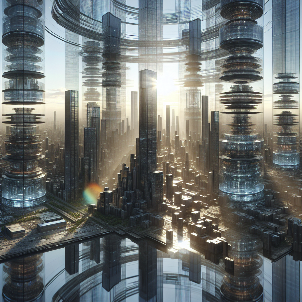 "Futuristic city skyline with rotating glass skyscraper windows creating surreal reflections, showcasing sustainable and innovative urban design."