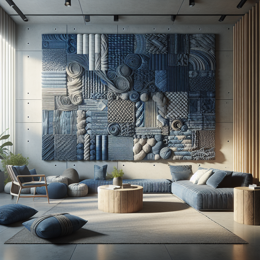 Hyperrealistic modern interior with a 3D upcycled denim wall installation, featuring layered indigo textures, quilted patterns, and eco-friendly decor.