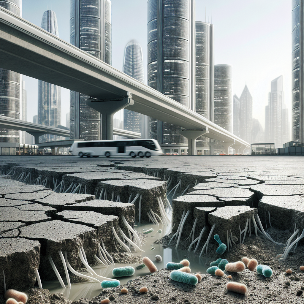 "Futuristic cityscape with self-healing concrete bridges & roads. Close-up of bacteria repairing cracks with limestone for sustainable urban tech."