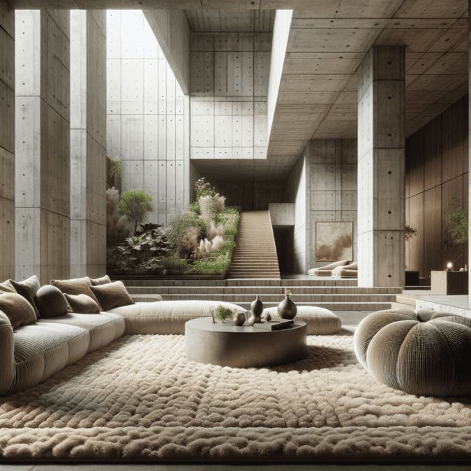 Soft Brutalism plush textures offsetting concrete expanses