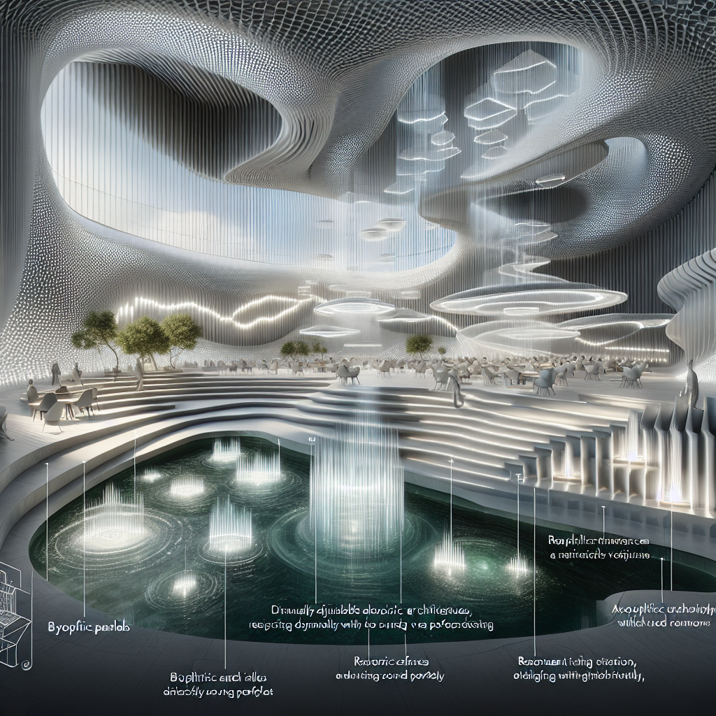 "Futuristic sonic architecture space with undulating parametric walls, crystalline façade, acoustic panels, and biophilic water installation."