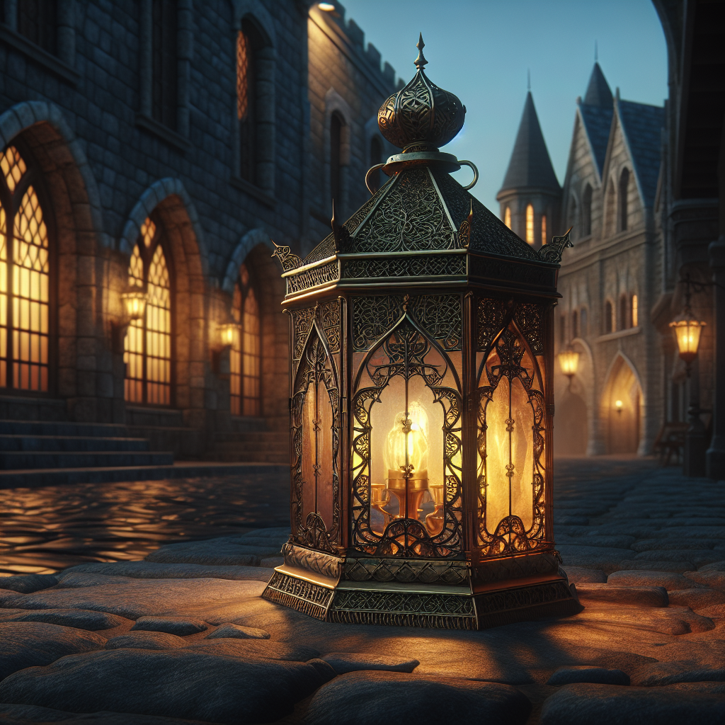 "Hyperrealistic image of a medieval wrought-iron lantern with amber glow on a cobblestone street at dusk, Gothic architecture in the background."