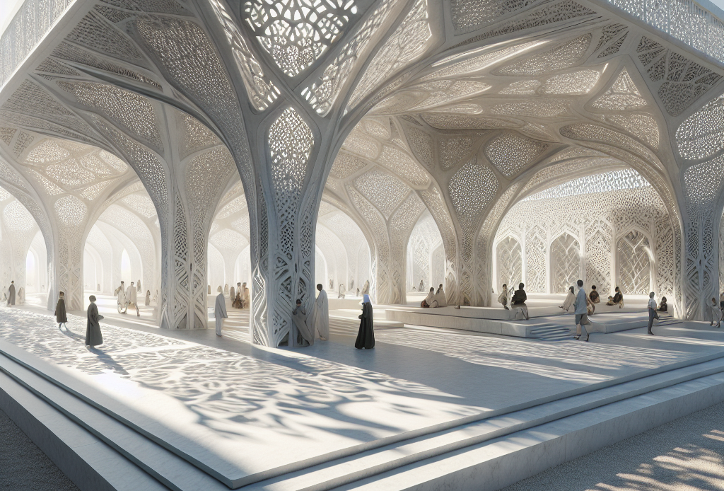 Hyperrealistic CNC-milled marble pavilion with intricate filigree patterns, inspired by parametric design and biomimicry, in an open-air gallery.