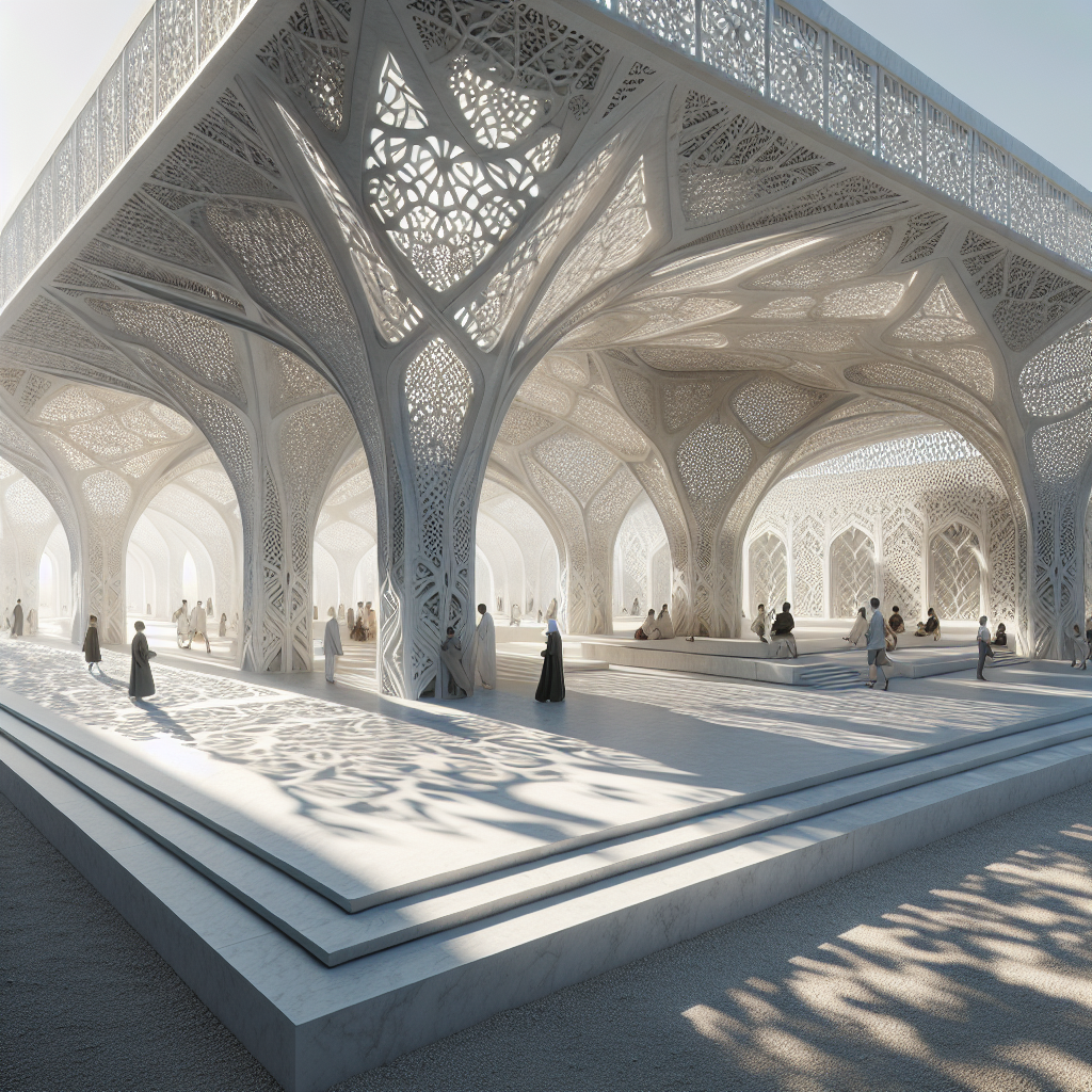 Hyperrealistic CNC-milled marble pavilion with intricate filigree patterns, inspired by parametric design and biomimicry, in an open-air gallery.