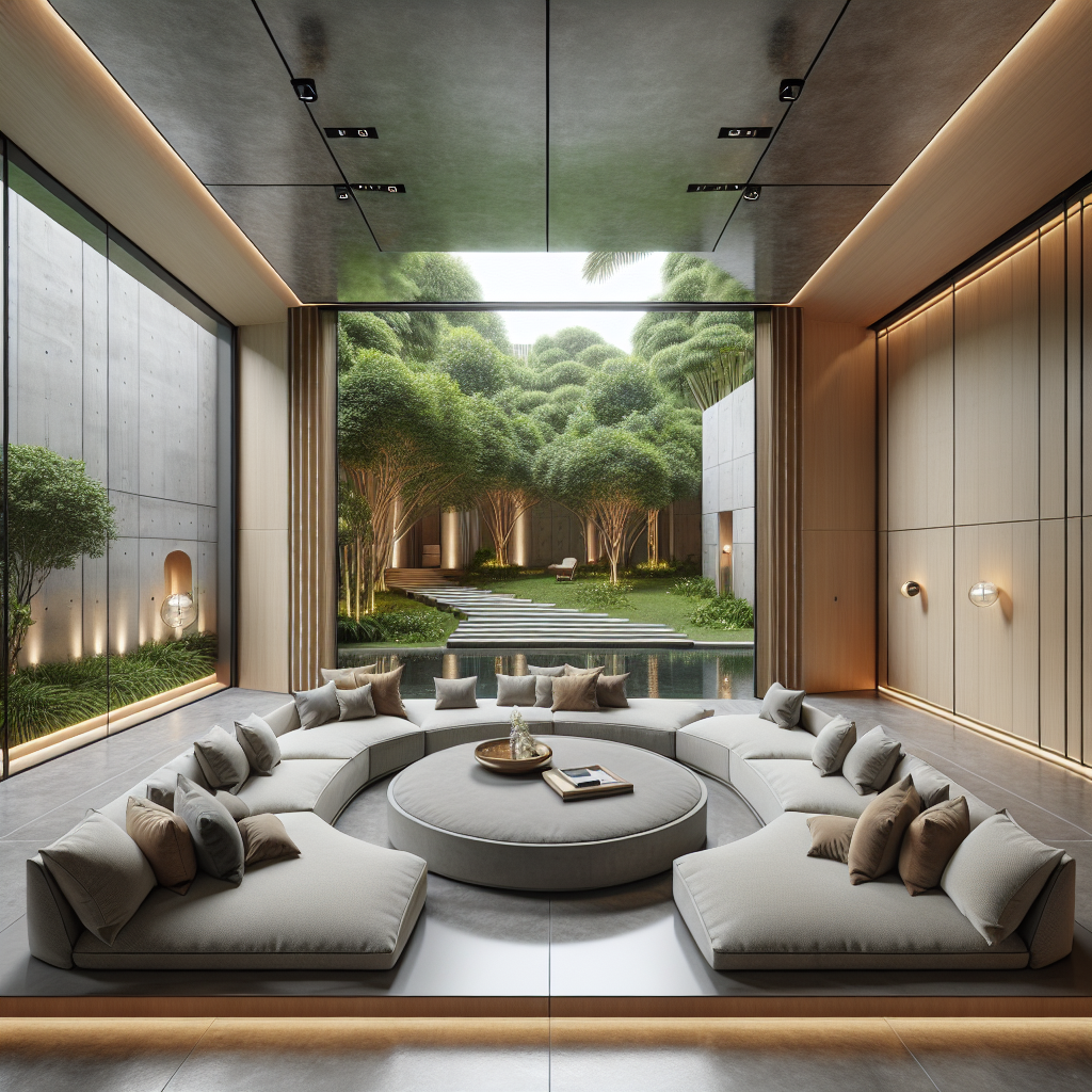 Luxurious modern living space with a sunken seating conversation pit, plush cushions, polished concrete, natural wood, and floor-to-ceiling windows.