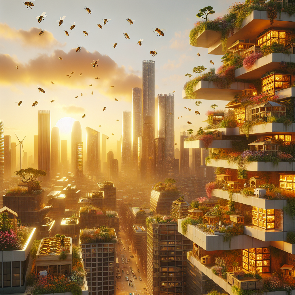 "Hyperrealistic futuristic sustainable cityscape at sunset with eco-friendly buildings, green rooftops, bee habitats, solar panels & wind turbines."