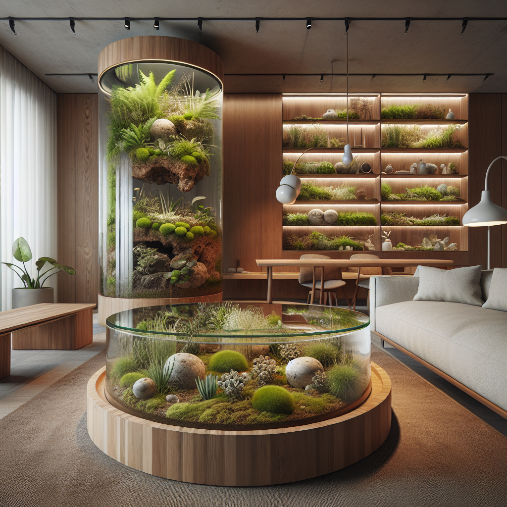 "Hyperrealistic modern living space with a stunning terrarium coffee table, glass top, lush greenery, and biophilic design for a serene ambiance."