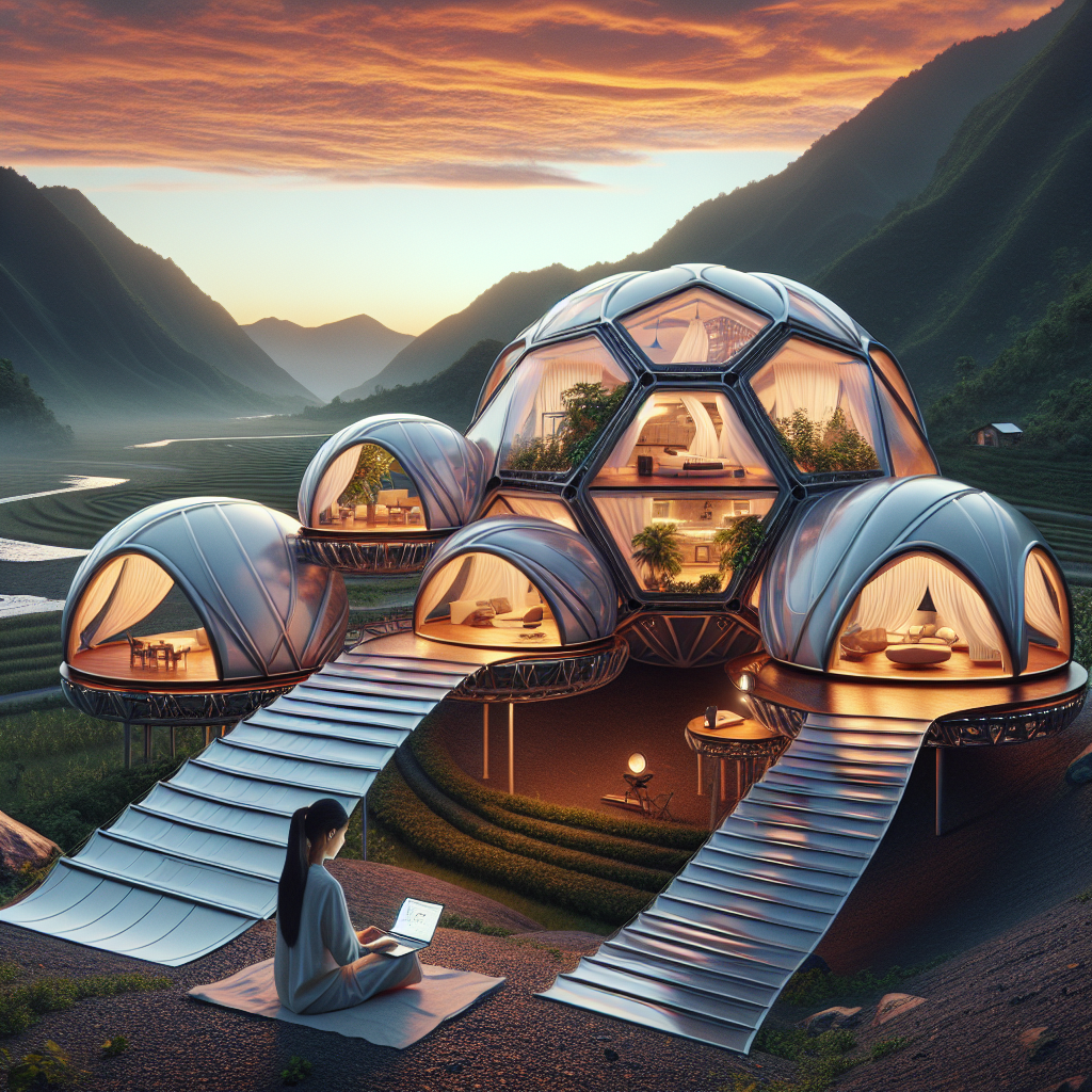 Hyperrealistic futuristic collapsible home in mountain sunset, with solar panels, rainwater collection, and a digital nomad working off-grid.