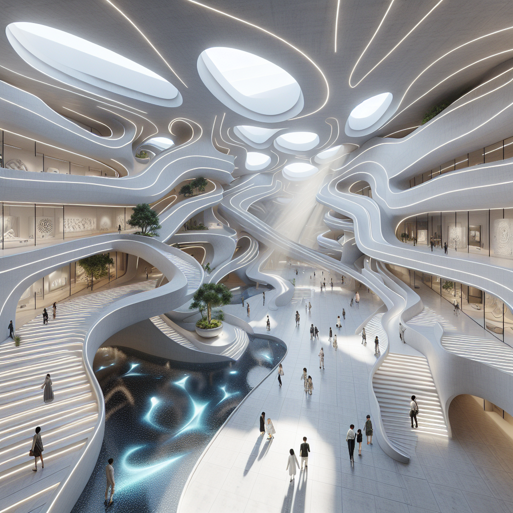 Hyperrealistic rendering of a futuristic museum interior with curving white concrete walls, skylights, holographic exhibits, and biophilic design.