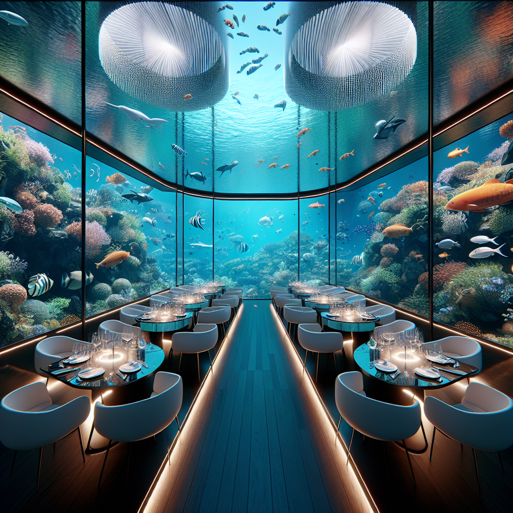 Hyperrealistic underwater restaurant with panoramic acrylic windows, bioluminescent lighting, and futuristic décor, offering serene ocean views.