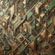"Hyperrealistic mosaic of upcycled circuit boards on a modern wall, featuring gold, copper & green tech components with LED illumination."