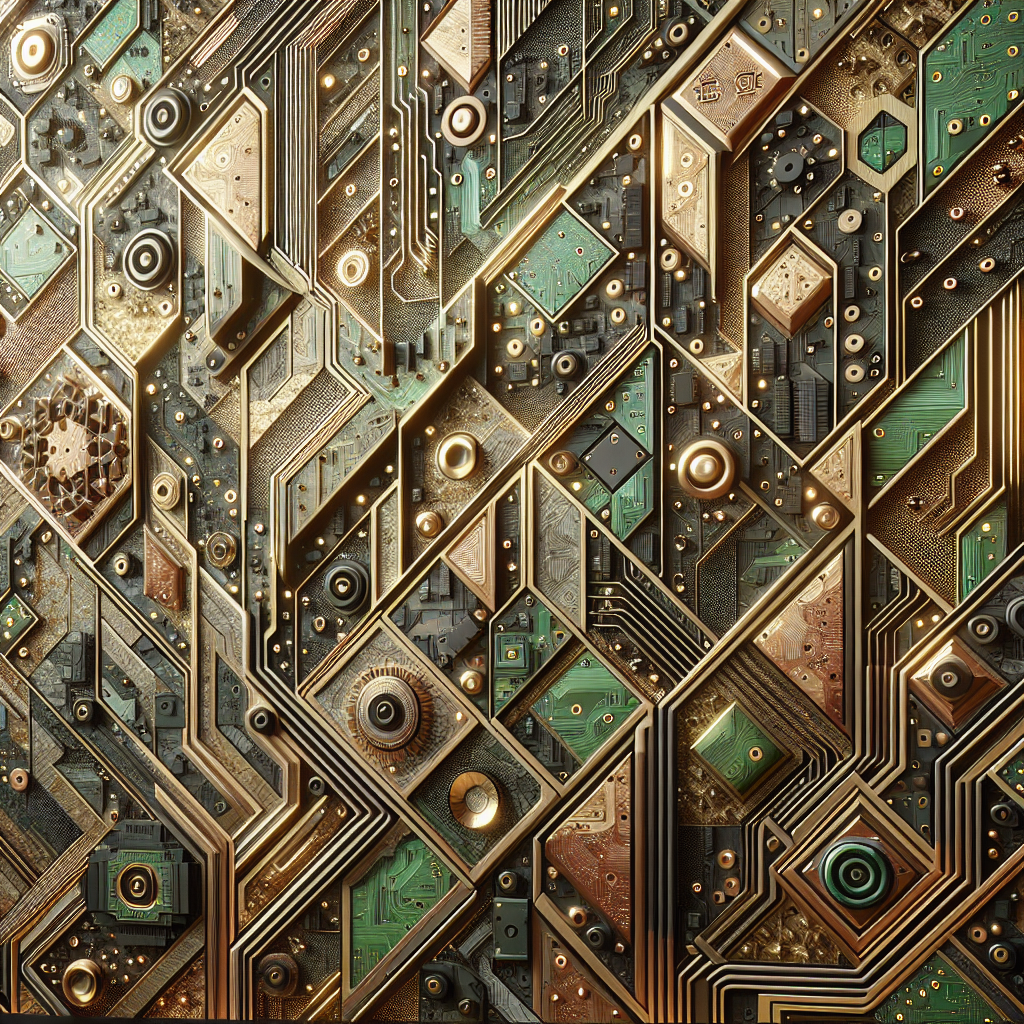 "Hyperrealistic mosaic of upcycled circuit boards on a modern wall, featuring gold, copper & green tech components with LED illumination."