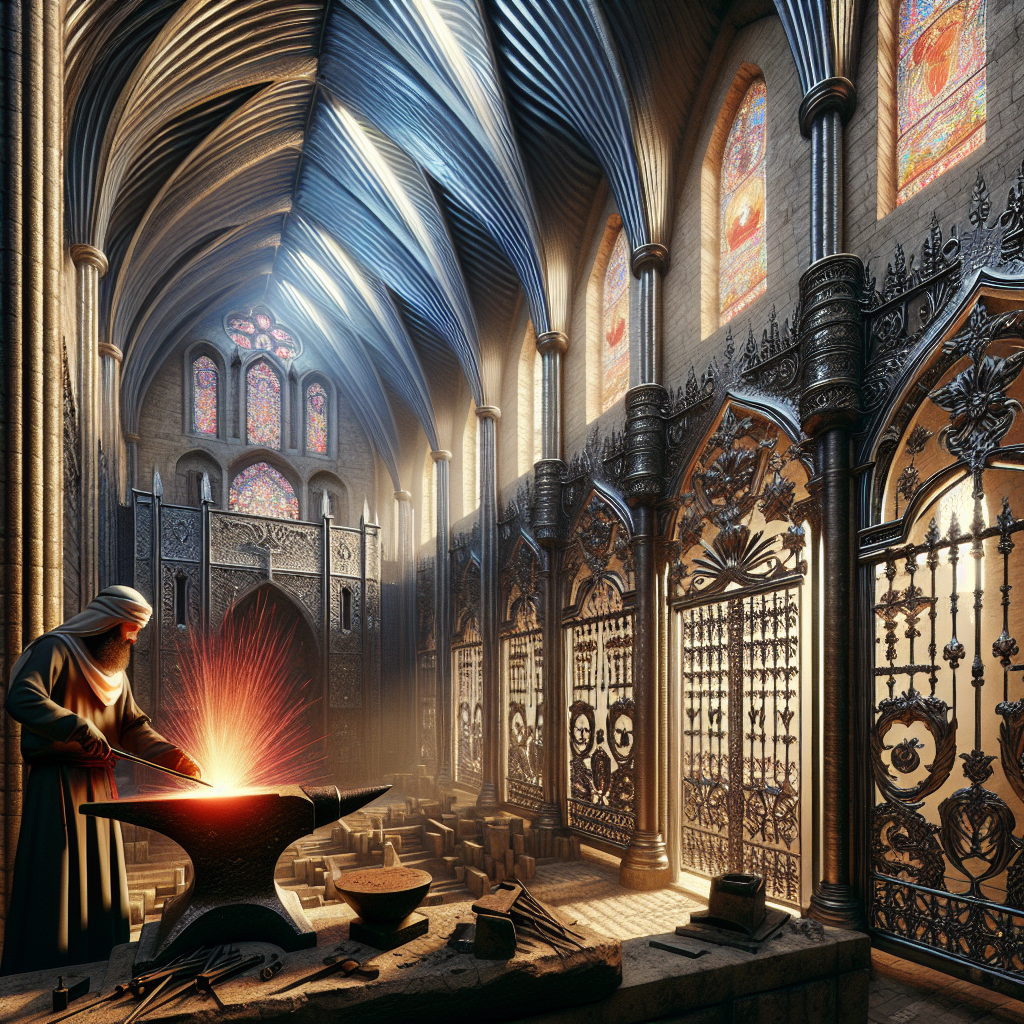 "Hyperrealistic Gothic cathedral interior showcasing medieval metallurgy with stained glass, ribbed vaults, wrought iron gates, and a blacksmith at work."