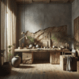 "Wabi-Sabi office suite with aged wood furniture, stone wall, handcrafted ceramics, earthy tones, plants, and natural light for a mindful vibe."