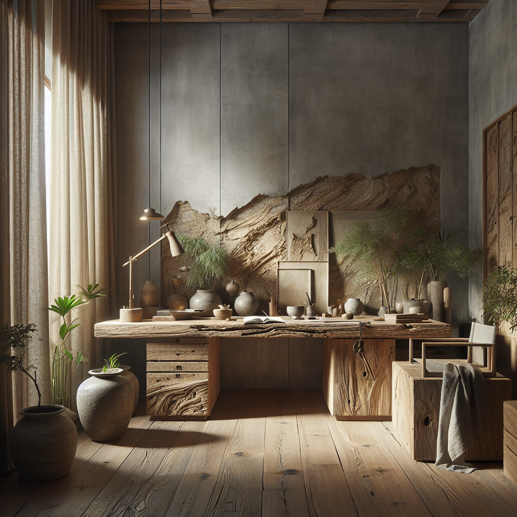 "Wabi-Sabi office suite with aged wood furniture, stone wall, handcrafted ceramics, earthy tones, plants, and natural light for a mindful vibe."