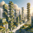 "Futuristic cityscape with seeded facades—skyscrapers covered in lush greenery, smart irrigation, and sustainable architecture enhancing biodiversity."
