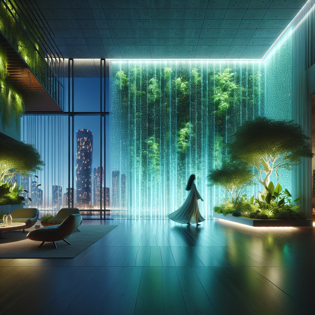 "Futuristic eco-friendly living room with bioluminescent algae walls, sleek sustainable design, lush indoor plants, and ambient blue-green glow."