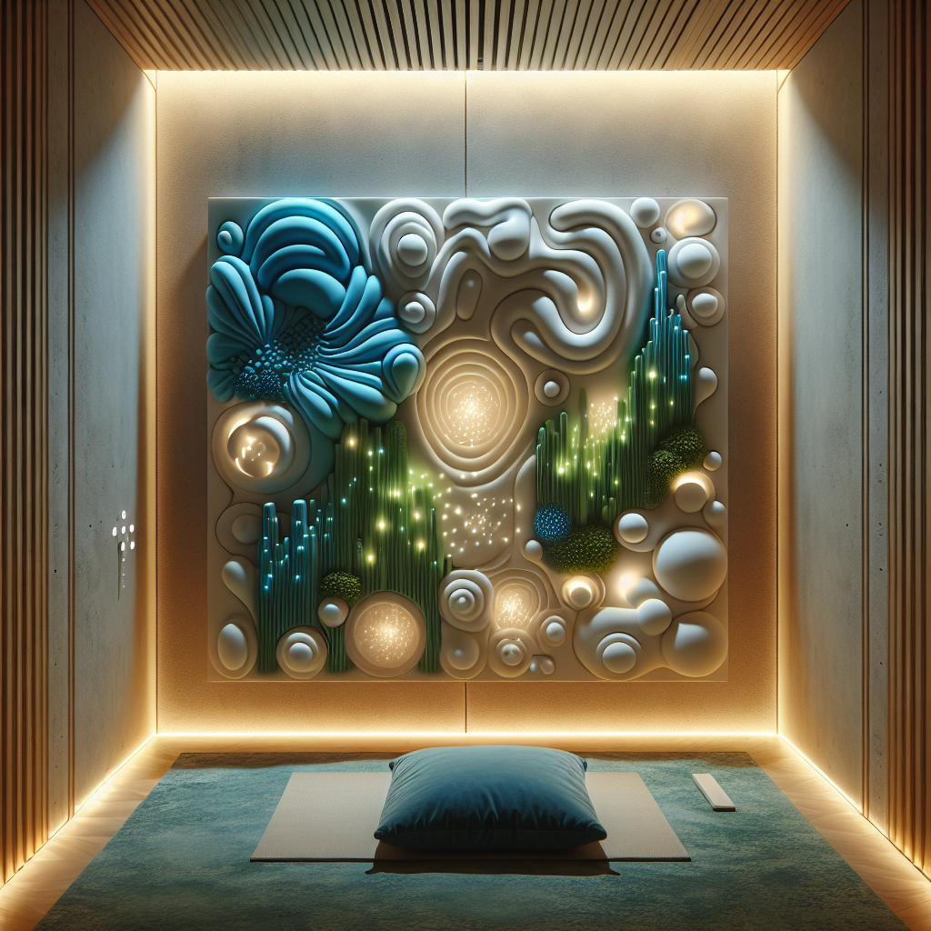 Futuristic meditation space with sculptural acoustic foam walls, glowing biosensors, soft blues and greens, and ambient lighting for deep relaxation.