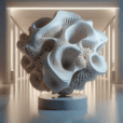 Hyperrealistic 3D-rendered futuristic ceramic sculpture with parametric design, fluid curves, and glossy finish, showcased in a minimalistic gallery.