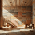 "Hyperrealistic interior with chromatic clay walls, terracotta-to-ochre gradient, handcrafted pottery tiles, natural textures, and soft lighting."