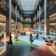 "Hyperrealistic modern office with **chromatic floor transitions** guiding circulation. **Seamless color gradient flooring**, biophilic design, and LED accents."