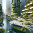 Futuristic urban park with curved walkways, biophilic architecture, lush greenery, and inclusive spaces in a hyperrealistic cityscape.