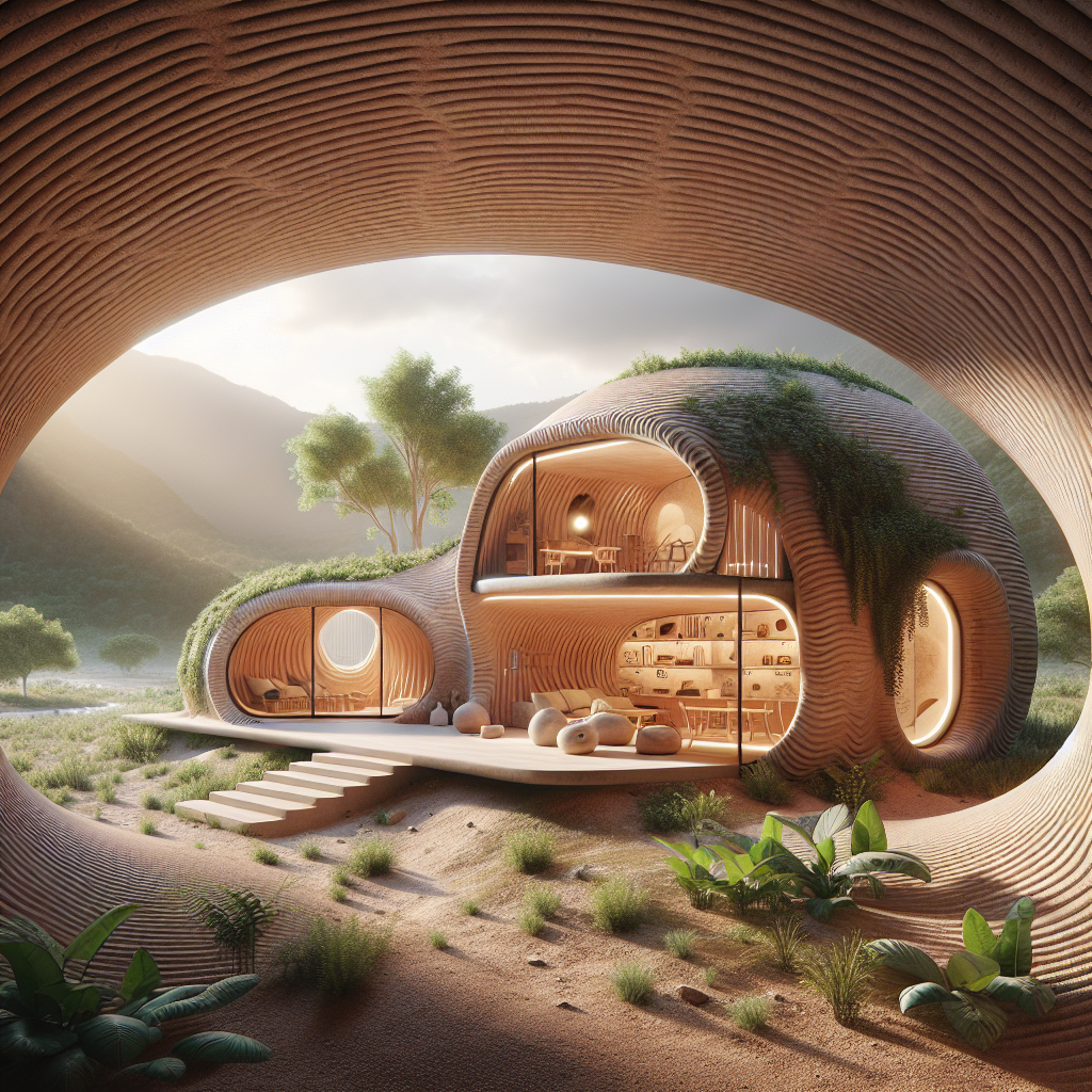 "Hyperrealistic 3D-printed earthen home with curvilinear walls, domed roof, built-in furniture, and sustainable features in a natural setting."