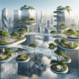 "Futuristic city skyline with floating glass bridges linking lush rooftop gardens atop skyscrapers, showcasing urban innovation & sustainability."