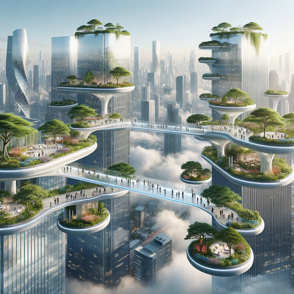 "Futuristic city skyline with floating glass bridges linking lush rooftop gardens atop skyscrapers, showcasing urban innovation & sustainability."