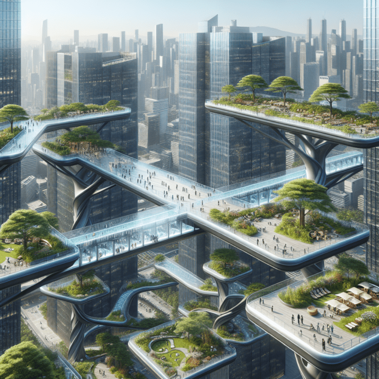 Floating corridors glass bridges connecting rooftop gardens
