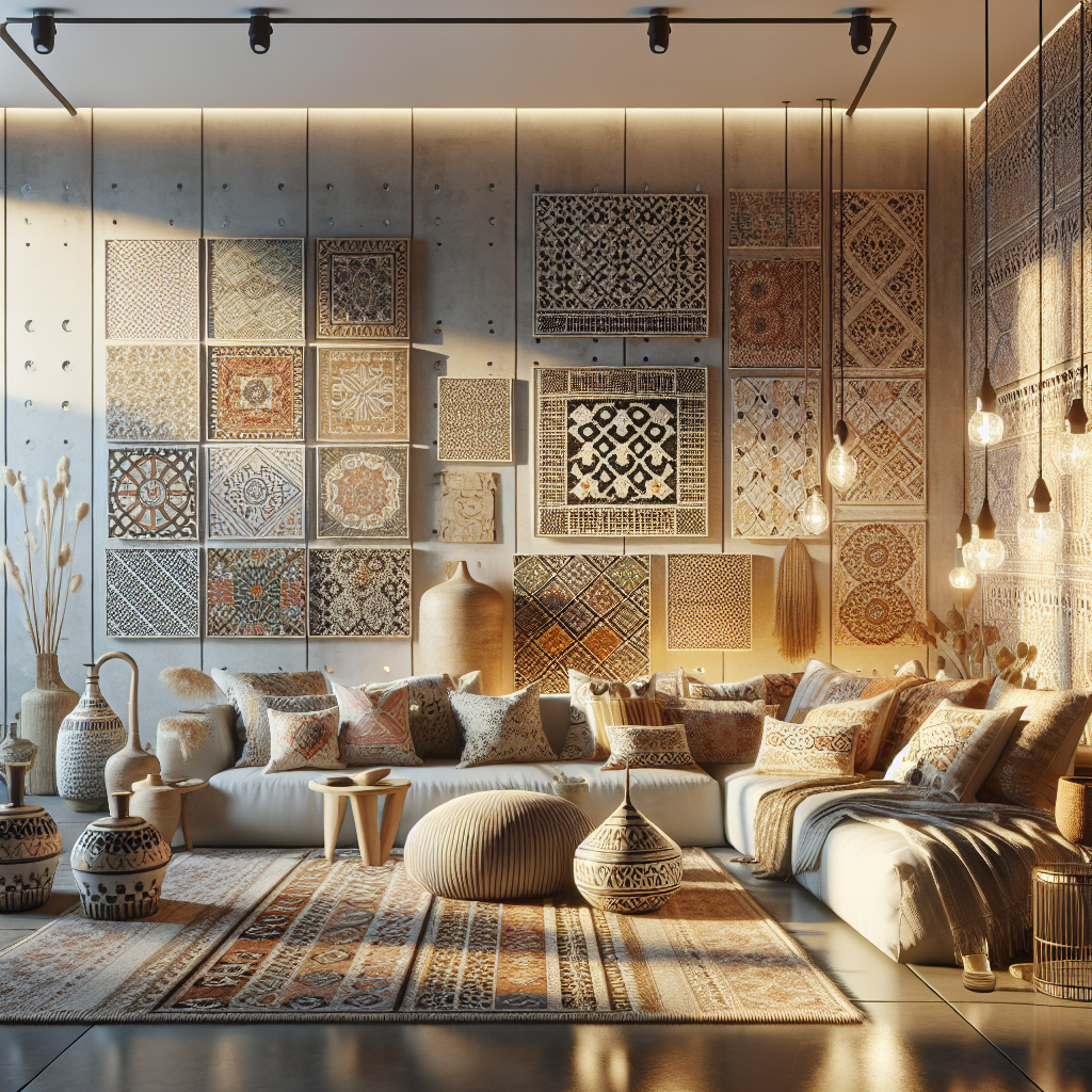 "Hyperrealistic modern interior with folklore-inspired patterns, blending Eastern European embroidery, Moroccan zellige tiles & Scandinavian motifs."