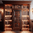"Secret speakeasy hidden behind a mahogany bookshelf with vintage books, ambient lighting, and a discreet entrance for an exclusive experience."
