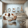 Hyperrealistic interior featuring iconic chairs like Eames, Egg, Barcelona, and Wishbone in a modern minimalist gallery with natural lighting.