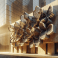 Futuristic kinetic building facade with sun-responsive geometric panels in motion, inspired by nature and Islamic mashrabiya design.