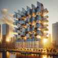 "Futuristic skyscraper with kinetic façade featuring biomimetic moving panels for adaptive shading, set in a modern eco-friendly city at sunset."