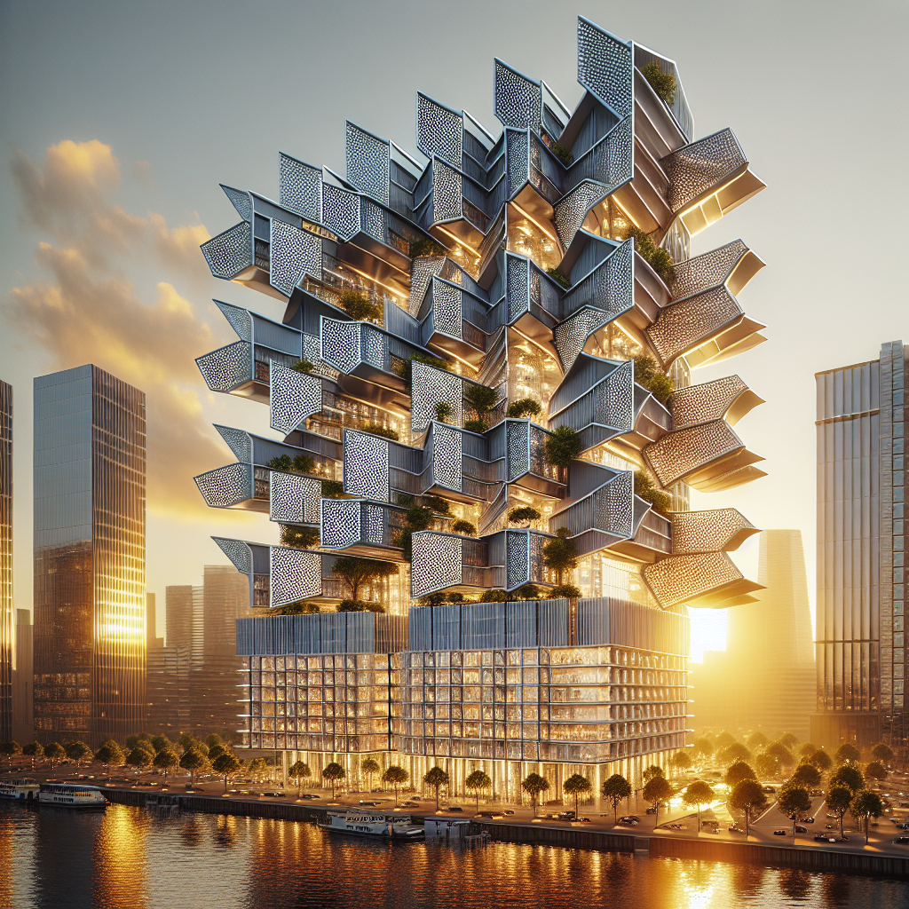 "Futuristic skyscraper with kinetic façade featuring biomimetic moving panels for adaptive shading, set in a modern eco-friendly city at sunset."