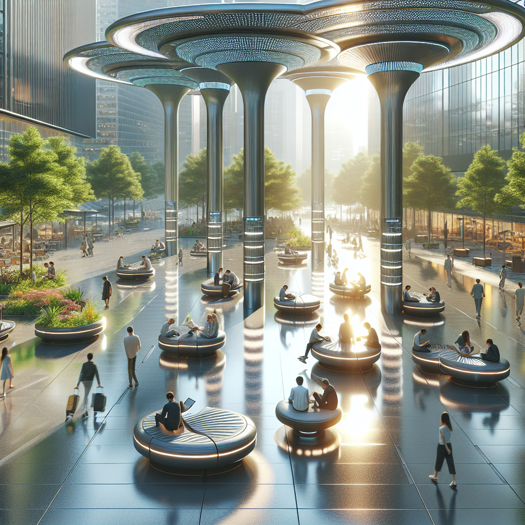 "Futuristic urban plaza with kinetic smart benches featuring adaptive seating, solar panels, sensor automation, LED lighting & green design."