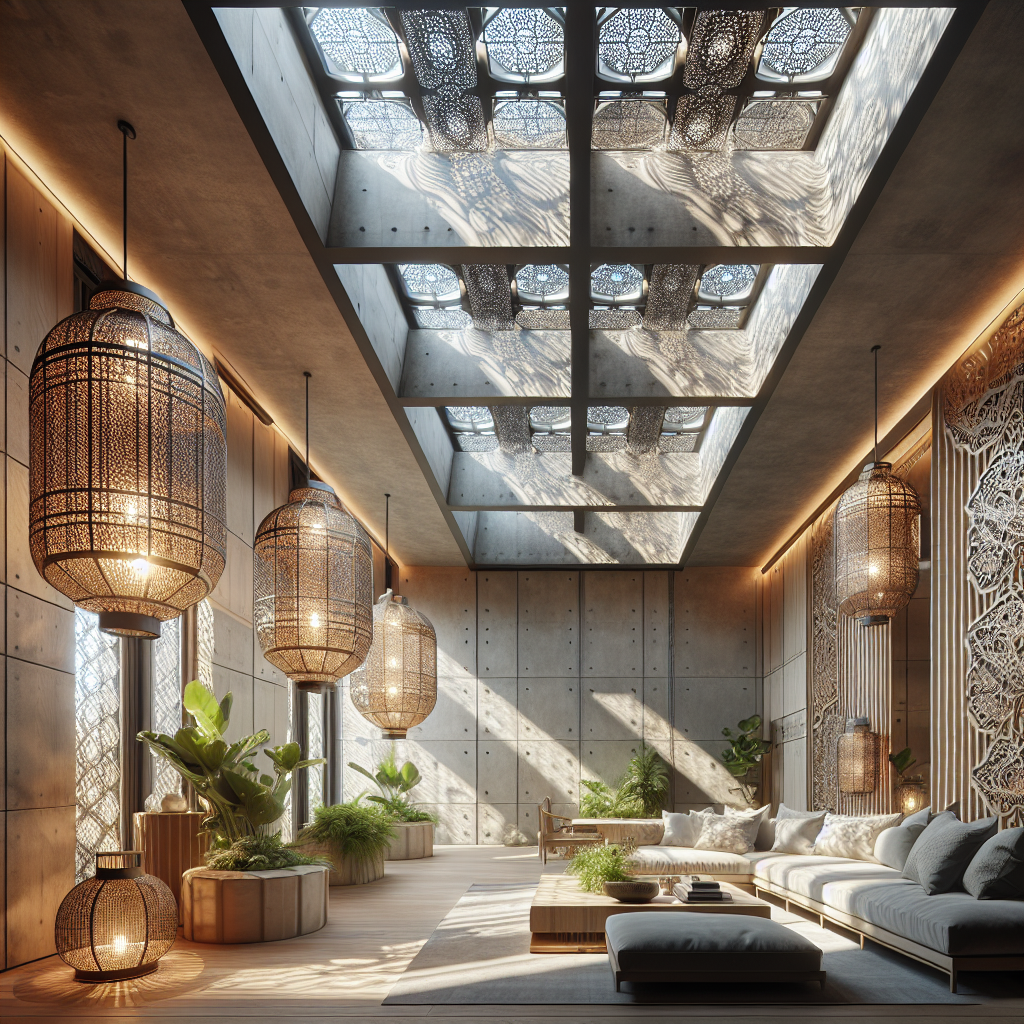 Hyperrealistic modern living space with **lantern-inspired skylights**, warm natural light, biophilic design, elegant furnishings & lattice shadows.