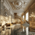 Hyperrealistic Baroque-inspired interior with laser-cut brass staircase, engraved wood panels, and modern furnishings, blending history and innovation.