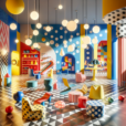 Hyperrealistic Memphis-style showroom with bold colors, geometric patterns, sculptural furniture, and interactive AR design elements. Modern & playful.