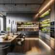 "Hyperrealistic modular kitchen with smart appliances, eco-friendly materials, LED lighting, vertical herb garden, and sleek contemporary design."